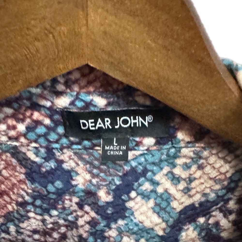 Dear John Snakeskin Button Down Women Large Mauve Teal Rayon Roll Tab Blouse - Picture 6 of 8